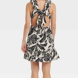 Women's Cotton Black and White/Cream Floral Summer Dress Cut Out Back, XS